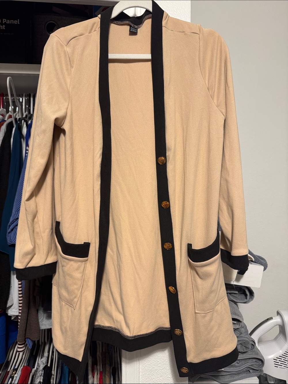 Beige and Black Long Cardigan with Gold Buttons